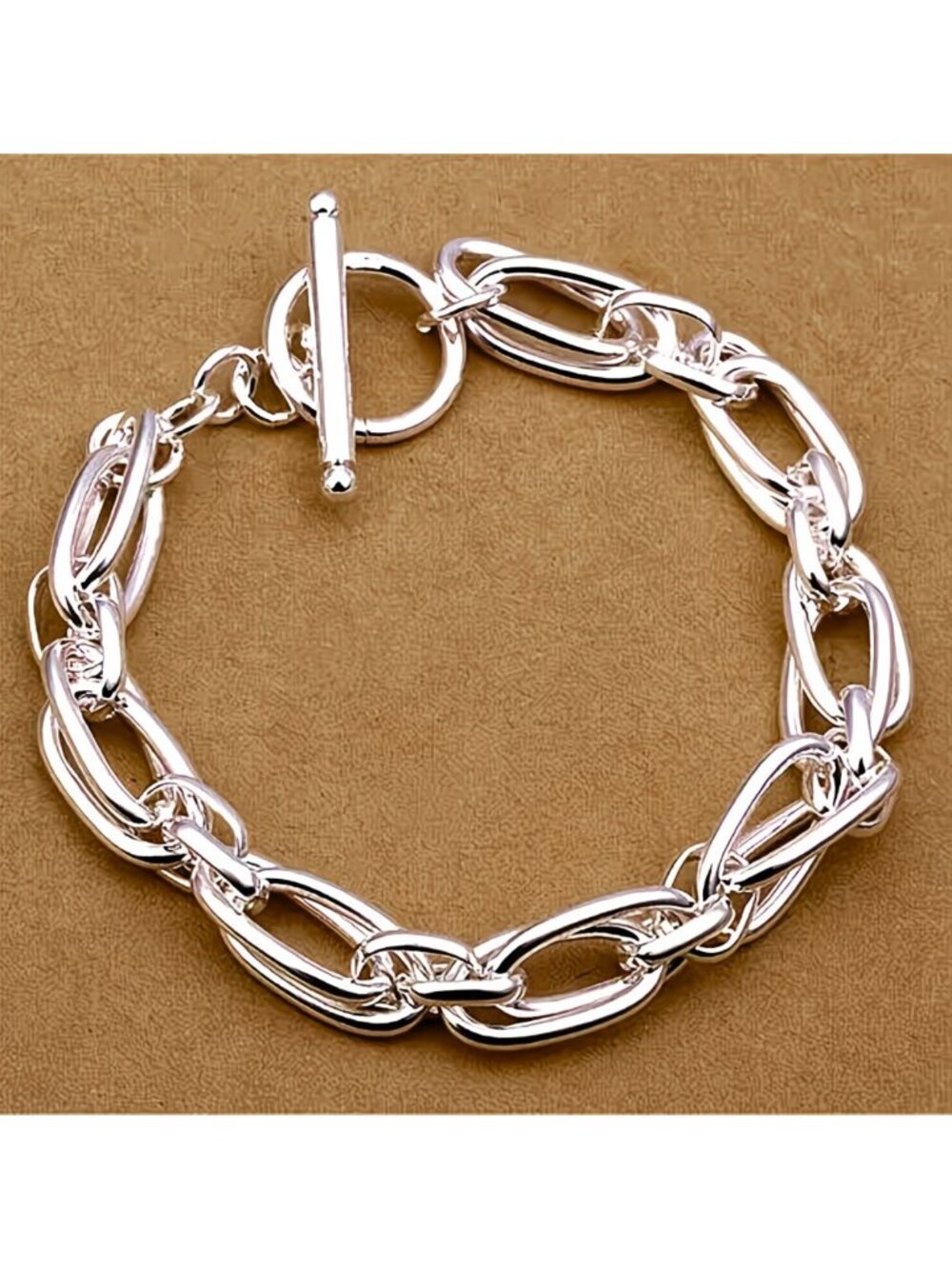 Double Cable Chain Bracelet with Toggle Closure 925 Sterling Silver Plate Unisex - Picture 5 of 6